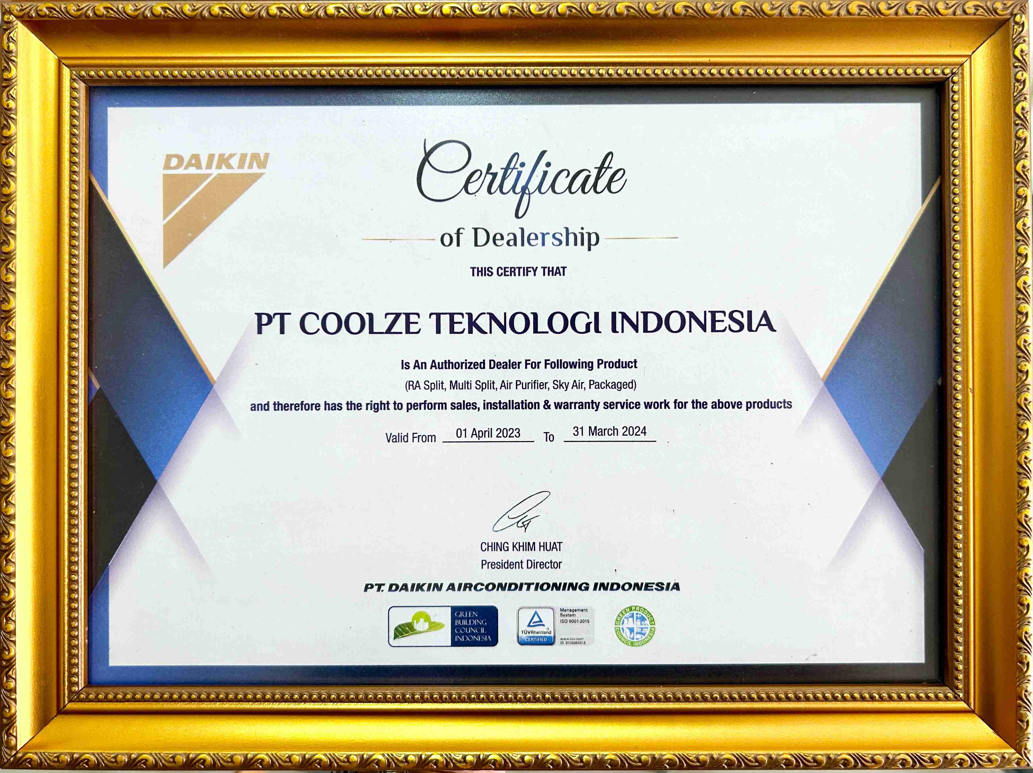 sertifikat dealer daikin coolze